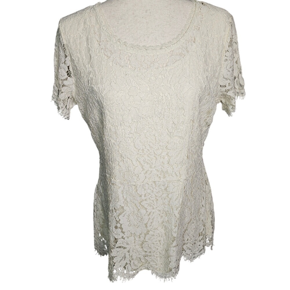 Isaac Mizrahi Live Shortsleeve Lace Top Scalloped Lace Hem Scoop Neck Lined MED